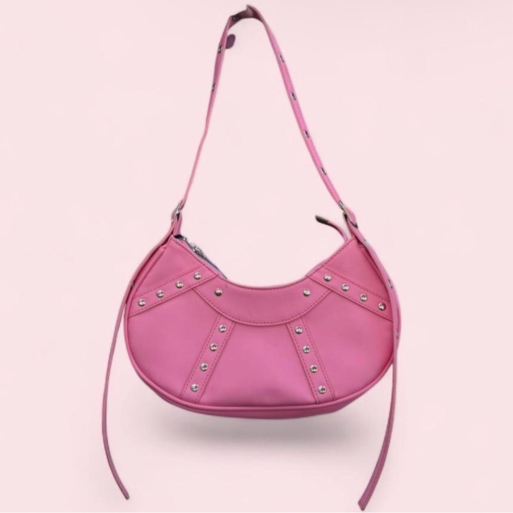 Y2K Pink Studded Mini Shoulder Bag | Faux Leather Small Purse Adjustable Strap